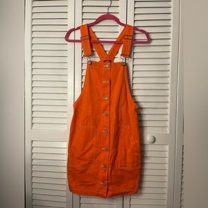 Orange denim overall mini dress